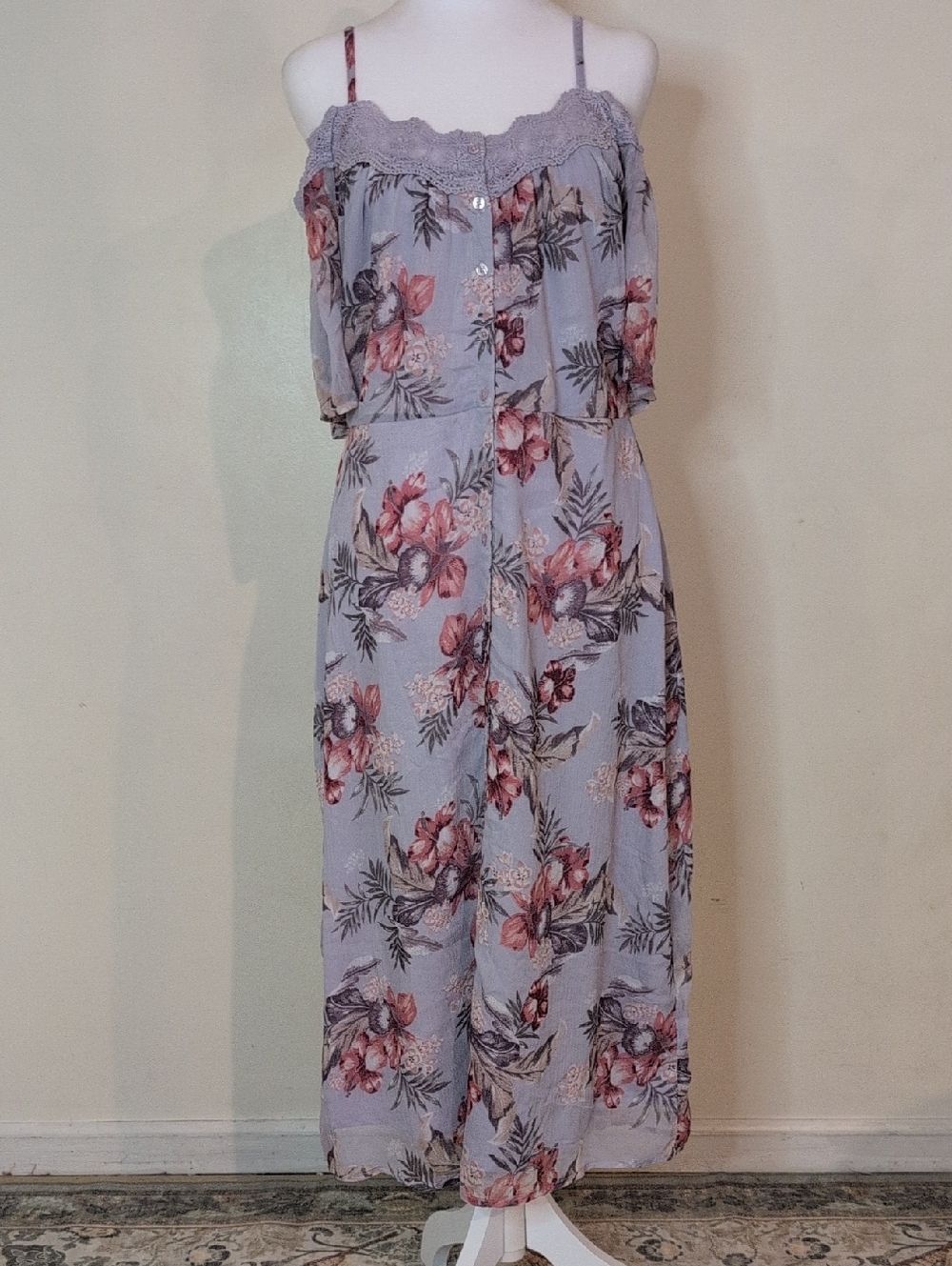 Off The Shoulder Floral Lace-Trim Lavender Maxi Dress